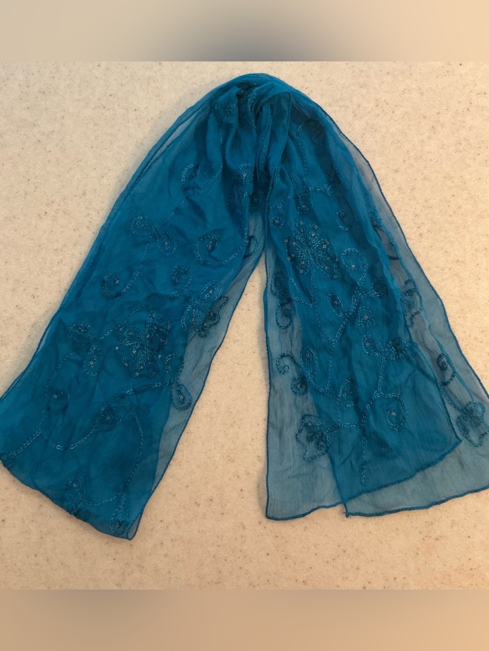 Embellished Teal Chiffon Scarf - Lightweight Women's Accessory